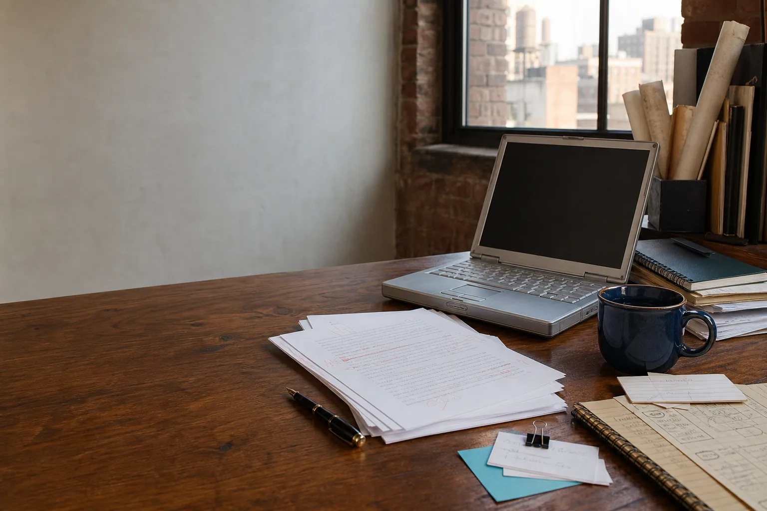 Working notes and a laptop on the Campbell editorial desk